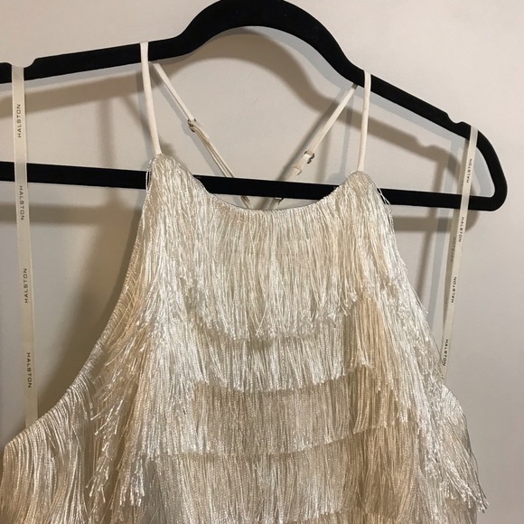 Halston Mini Fringe Halter Neck Party Dress in Ivory - Size 4 - Picture 4 of 7